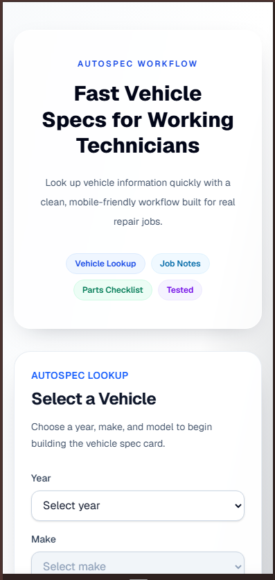 AutoSpec preview screenshot — mobile application